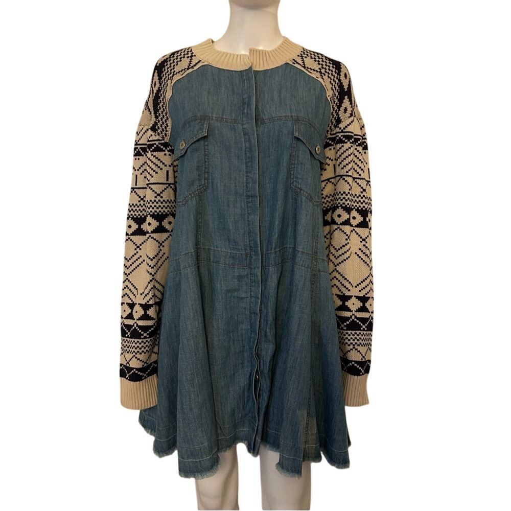 Free People Dominic Blue Denim Small Mini Dress Long Knit Sleeves